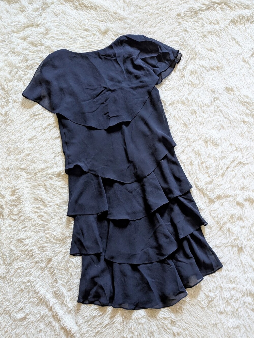 SLNY Navy Blue Tiered Capelet Rhinestone Detail Flowy Ruffle Dress Size 12 - Picture 8 of 14